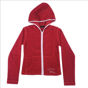 DKNY Jeans Red Fleece Hooded Zip-Up Jacket Size Extra Small